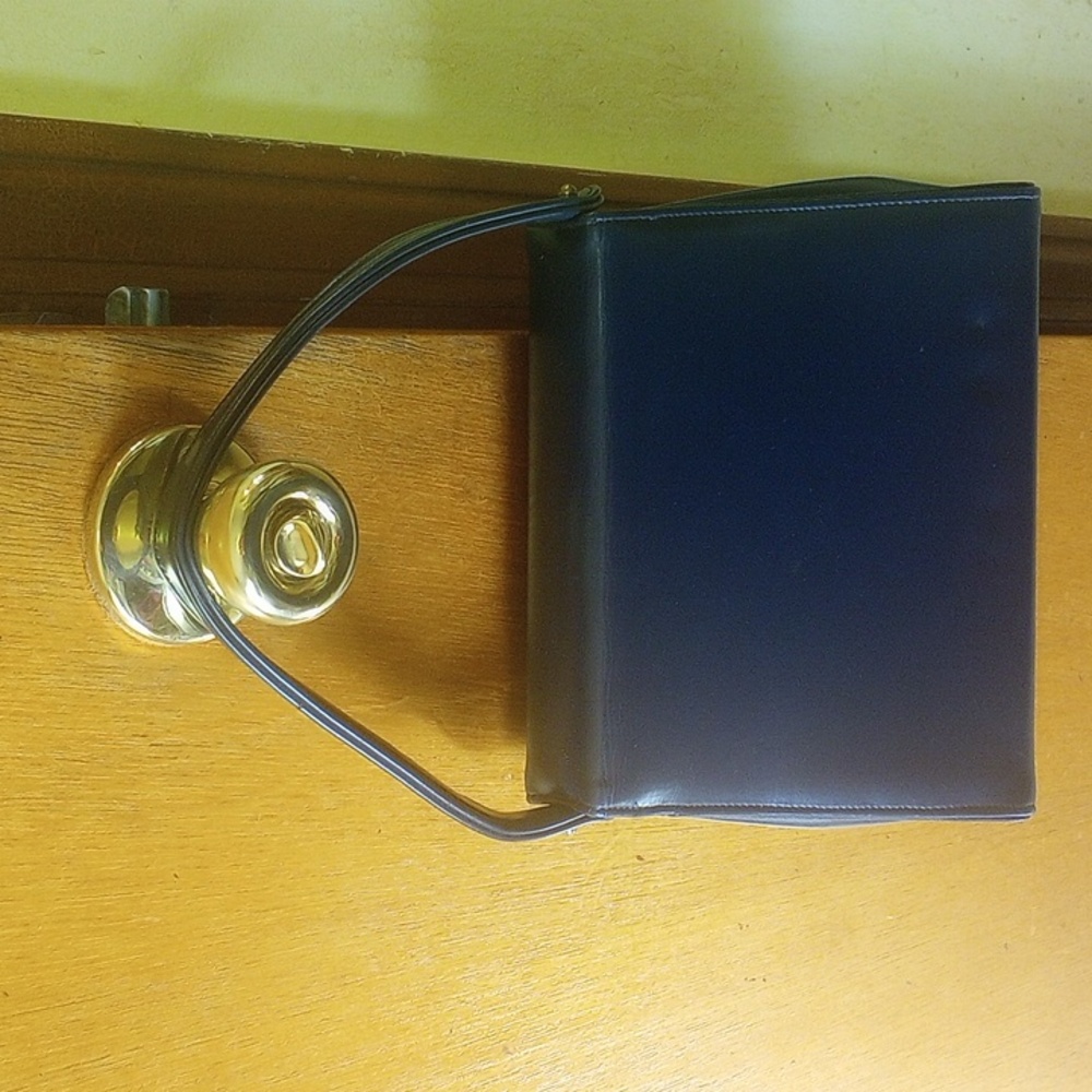 Vintage Navy Blue Leather & Vinyl Structured Handbag, Gold Hardware, Pouch, Feet - Picture 2 of 7